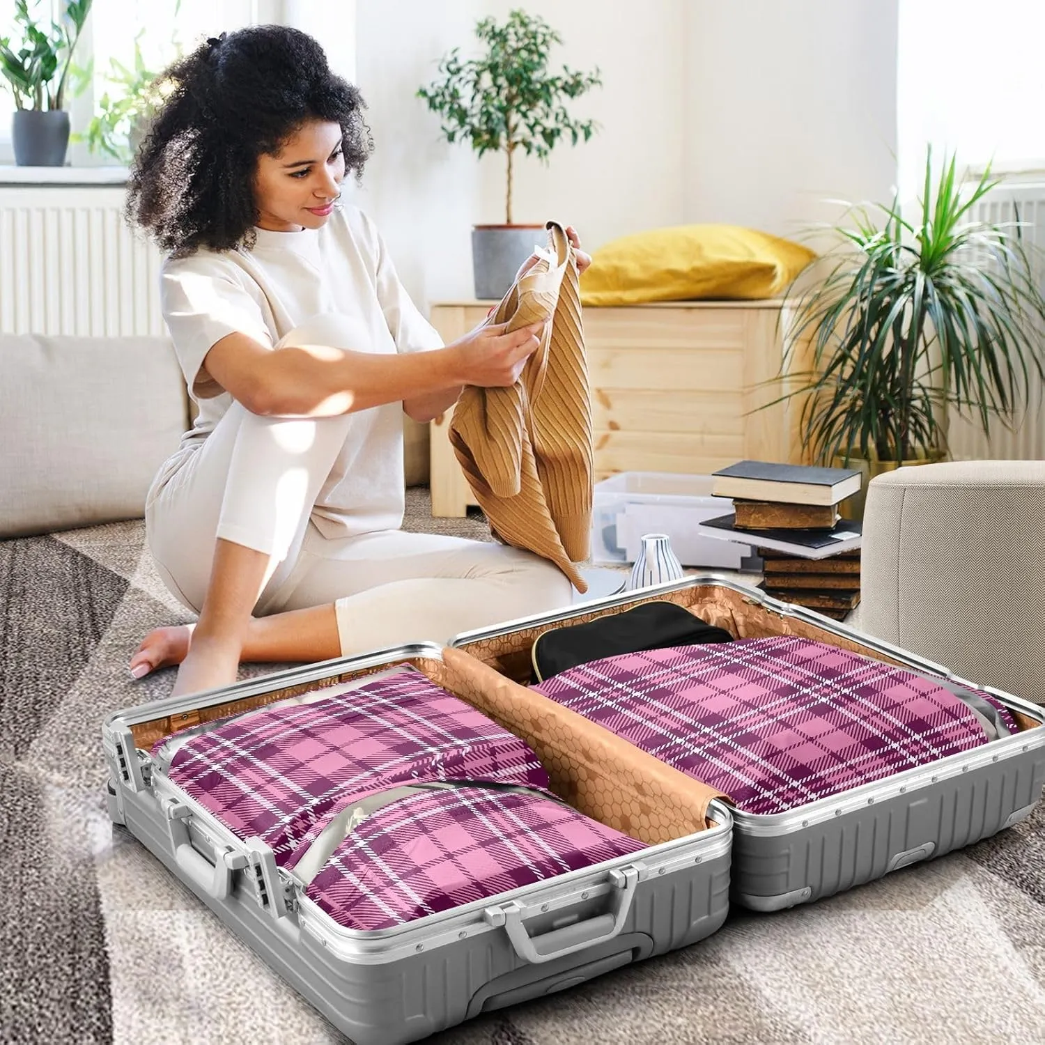 Garment Bag Closet Storage, Luggage Space Saver, Buffalo Plaid Check Tartan Scotland Peach Purple Decor, Waterproof, 3 Set Travel Packing Cubes For Suitcases, Luggages Management Personnel