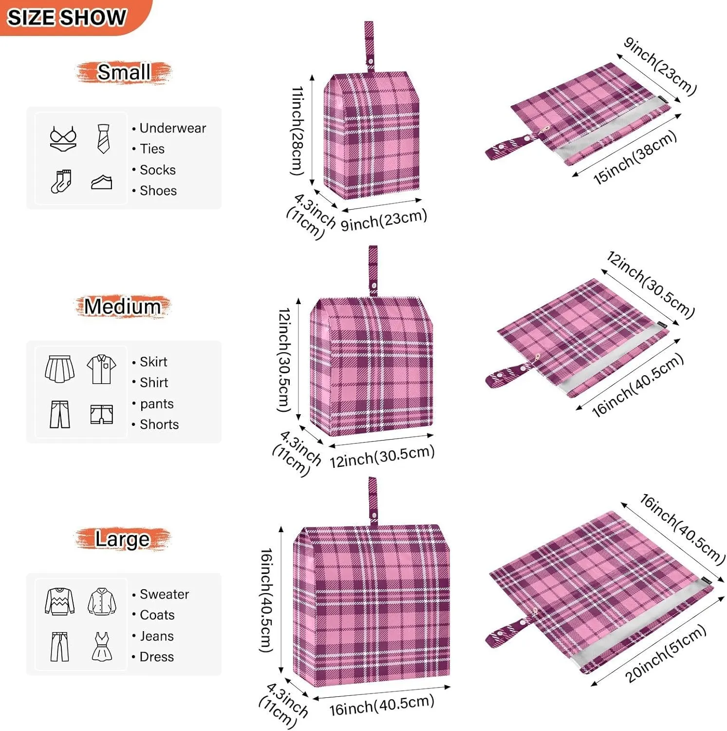 Garment Bag Closet Storage, Luggage Space Saver, Buffalo Plaid Check Tartan Scotland Peach Purple Decor, Waterproof, 3 Set Travel Packing Cubes For Suitcases, Luggages Management Personnel