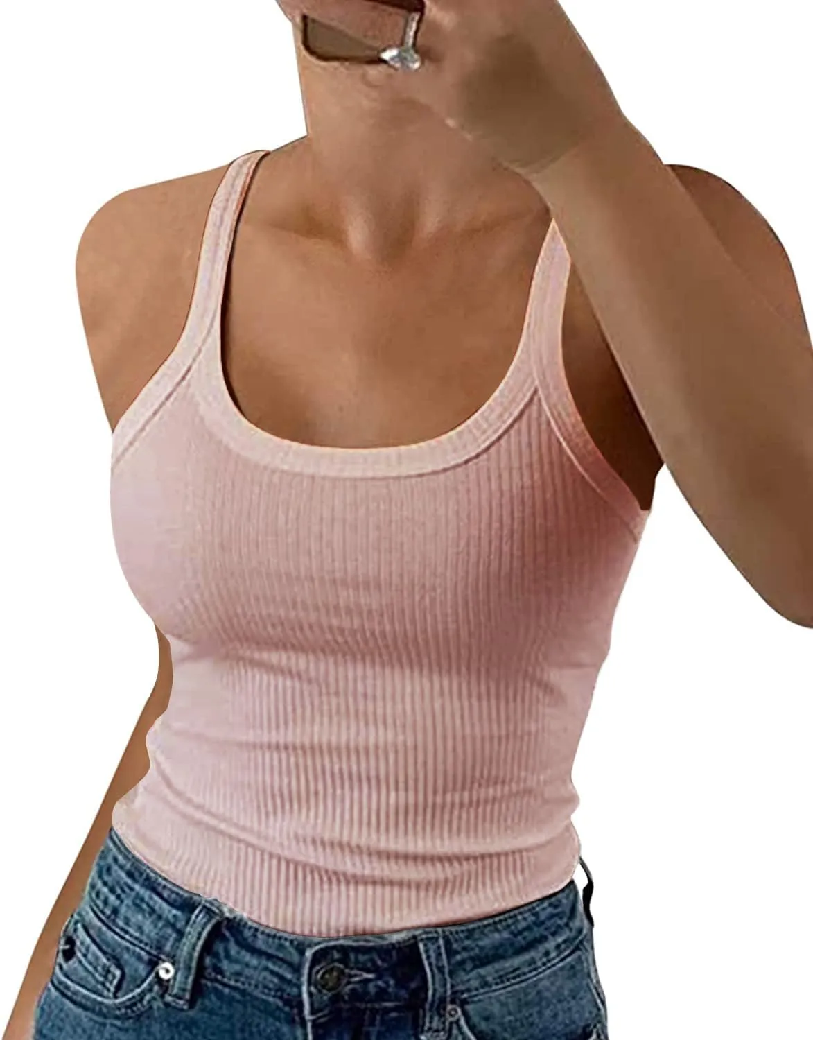 GEMBERA Women Spaghetti Strap Scoop Neck Ribbed Tank Tops Slim Fitted Cotton Camisole Basic Sleeveless Layering Shirts