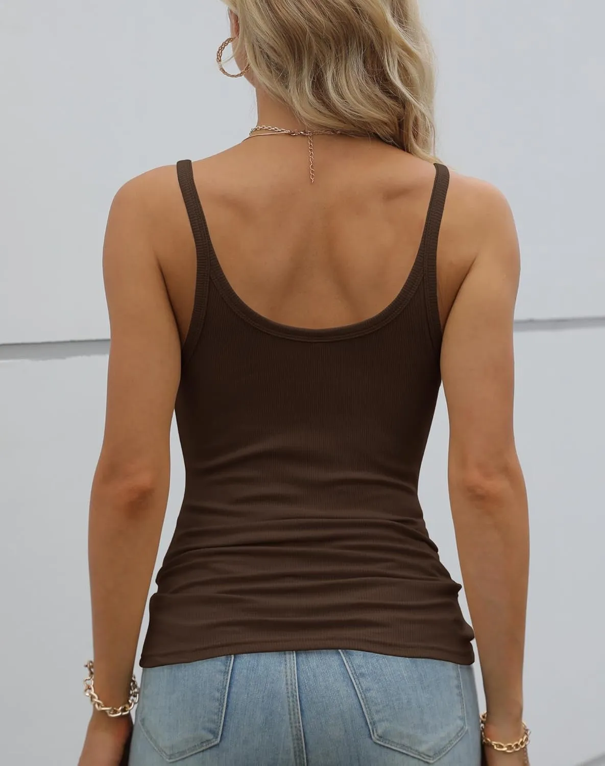 GEMBERA Women Spaghetti Strap Scoop Neck Ribbed Tank Tops Slim Fitted Cotton Camisole Basic Sleeveless Layering Shirts