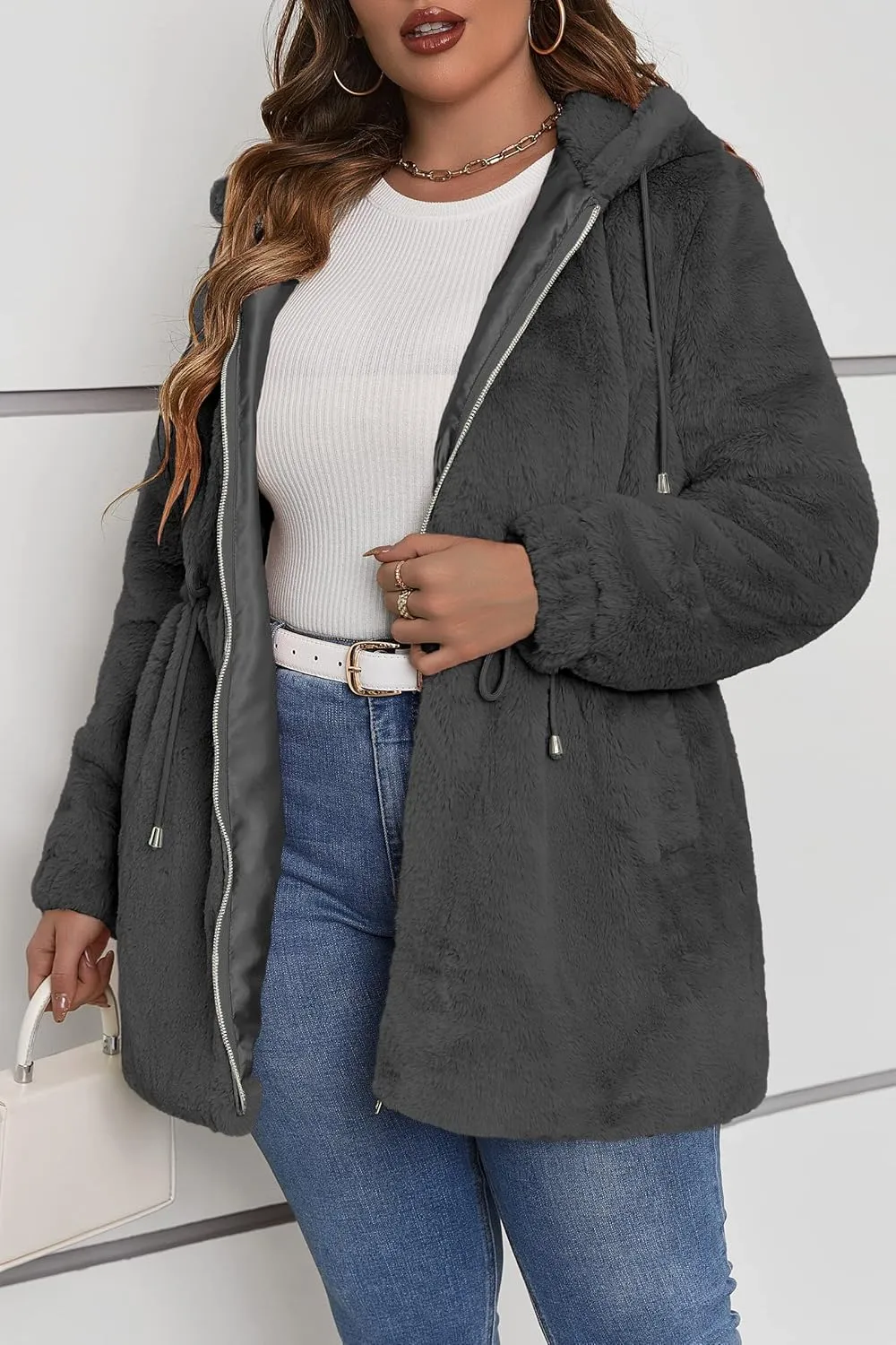Geschallino Women's Faux Fur Coat Fleece Reversible Sherpa Fuzzy Winter Puffer Jacket (Available in Plus Size)