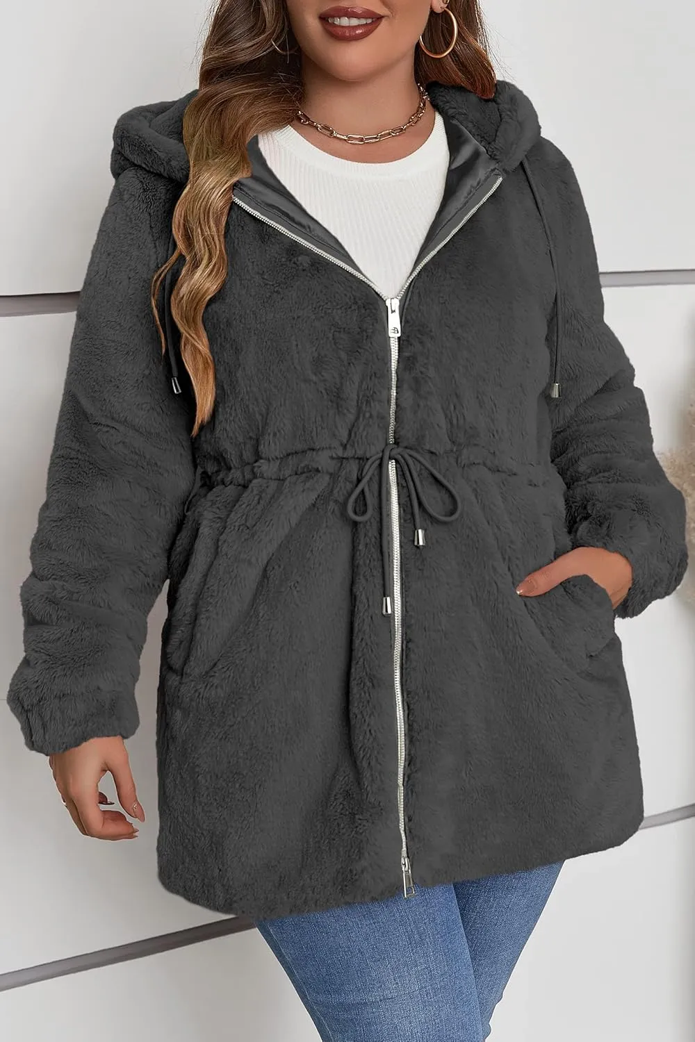 Geschallino Women's Faux Fur Coat Fleece Reversible Sherpa Fuzzy Winter Puffer Jacket (Available in Plus Size)