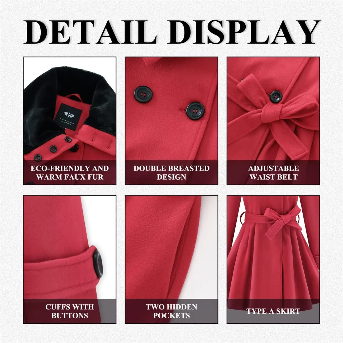 GGleaf Women's Fashion Thick Wool Coat Faux Fur Lapel Double-Breasted Trench Coat Winter Warm Jacket