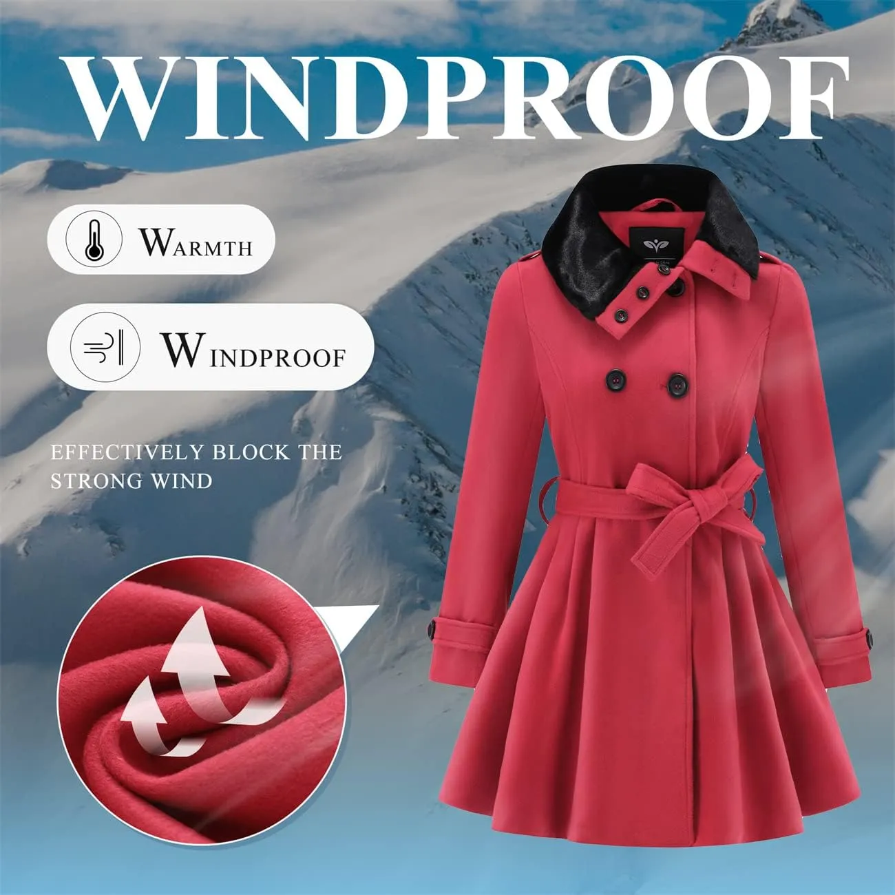 GGleaf Women's Fashion Thick Wool Coat Faux Fur Lapel Double-Breasted Trench Coat Winter Warm Jacket