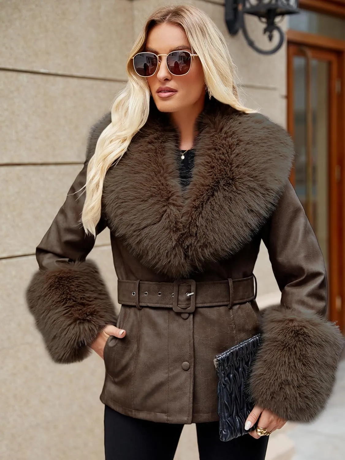 Giolshon Women Faux Leather Jacket Winter Long Sleeve Zip Warm Belt Coat with Fur Collar