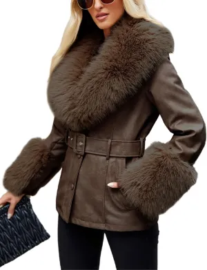 Giolshon Women Faux Leather Jacket Winter Long Sleeve Zip Warm Belt Coat with Fur Collar