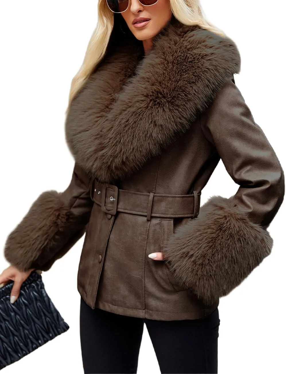 Giolshon Women Faux Leather Jacket Winter Long Sleeve Zip Warm Belt Coat with Fur Collar
