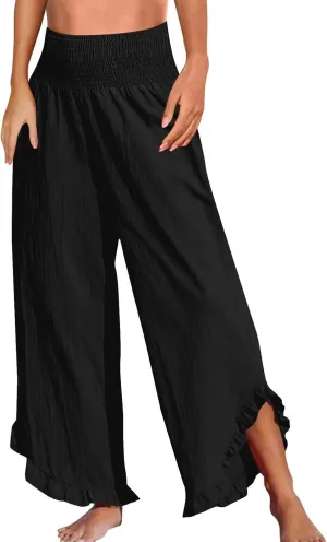 GOFULY Linen Palazzo Pants for Women Wide Leg Cute Summer Trousers Pants High Waisted Elastic Waist Comfy Clothes Pockets