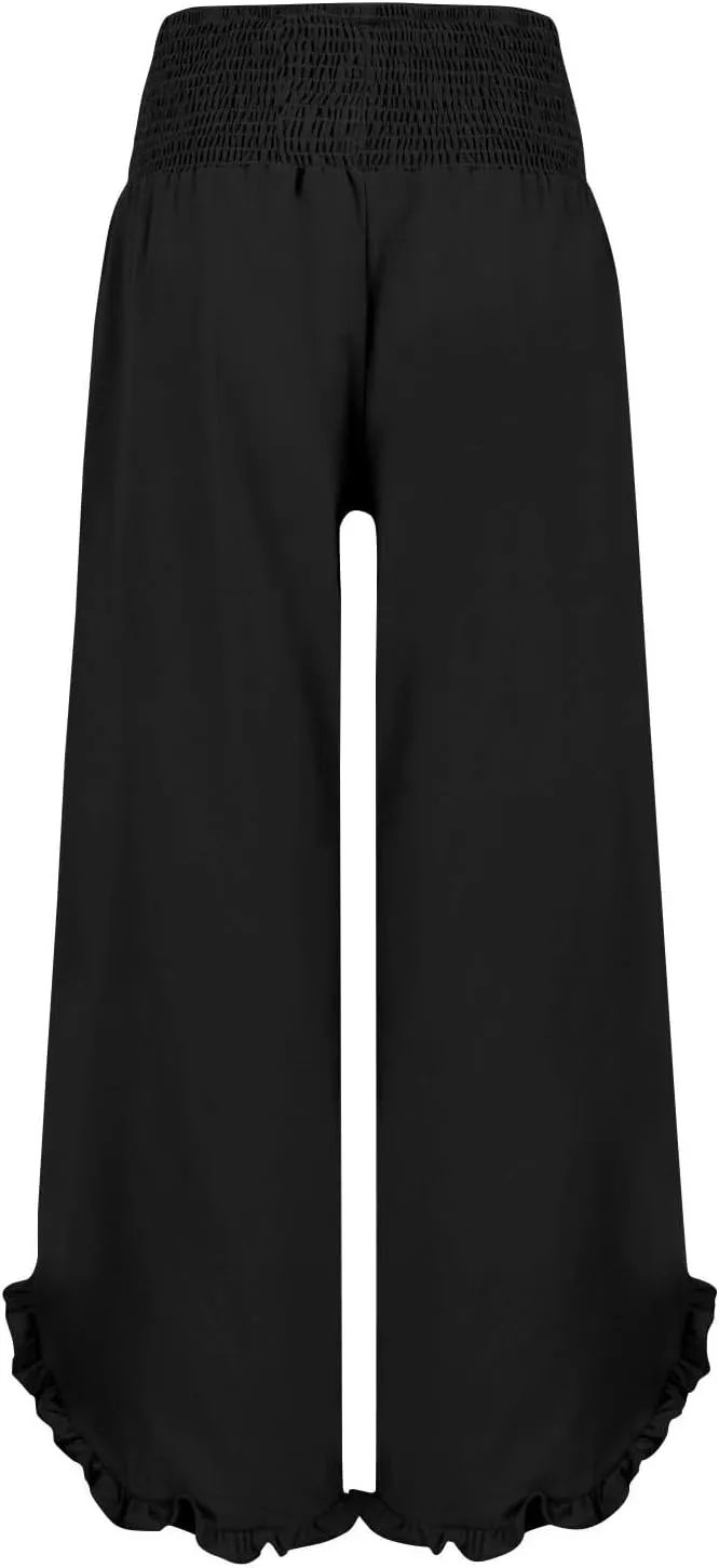 GOFULY Linen Palazzo Pants for Women Wide Leg Cute Summer Trousers Pants High Waisted Elastic Waist Comfy Clothes Pockets