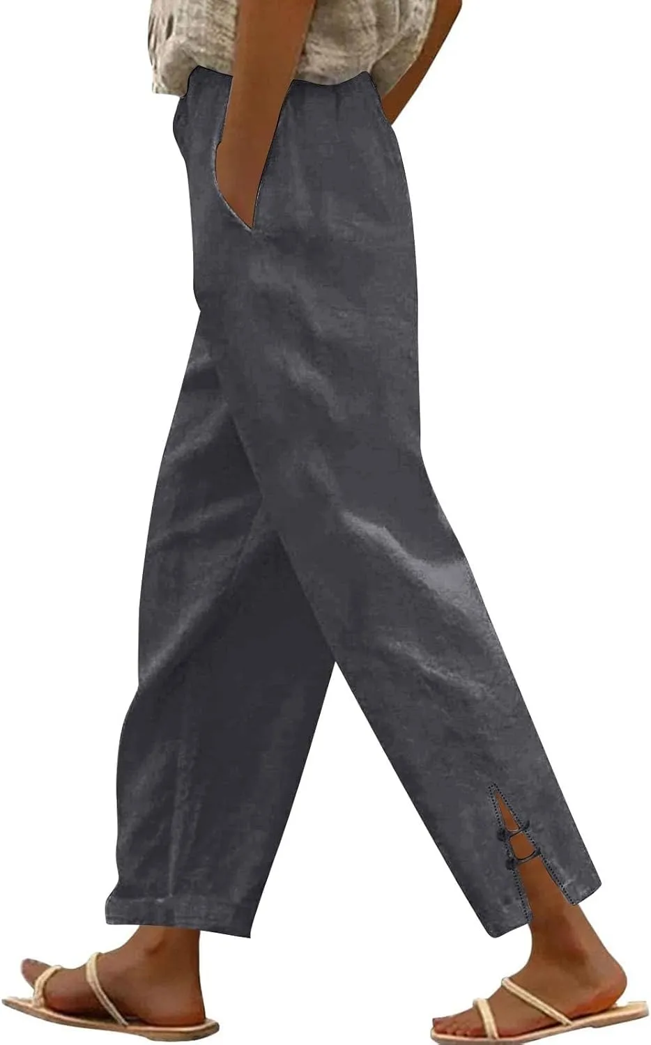 GOFULY Linen Pants for Women Summer 2025 Beach Elastic Waist Pants Wide Leg High Waisted with Pockets Loose Fit Solid Outfits
