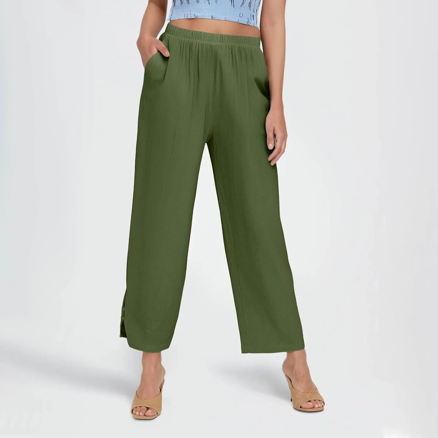 GOFULY Linen Pants for Women Summer 2025 Beach Elastic Waist Pants Wide Leg High Waisted with Pockets Loose Fit Solid Outfits