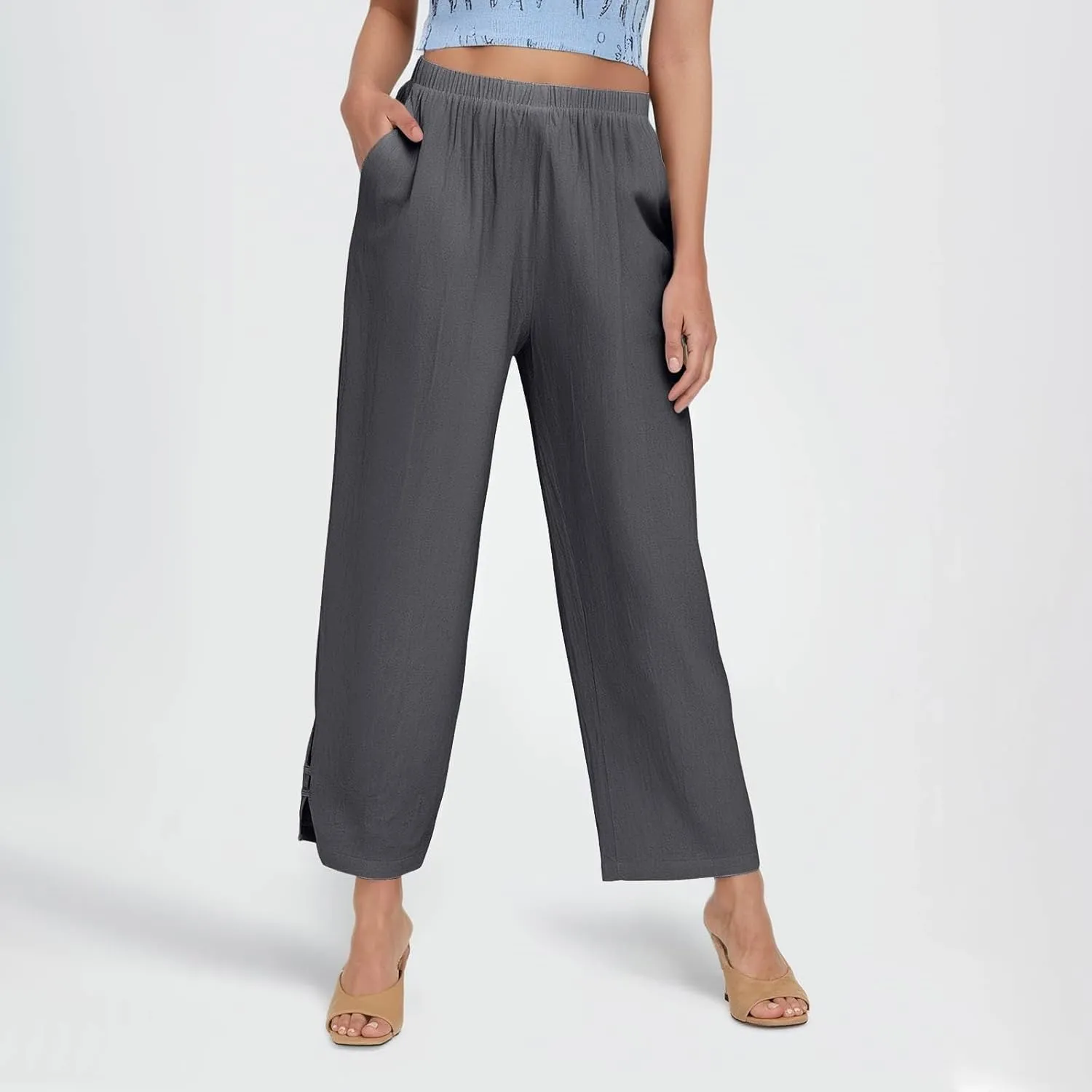 GOFULY Linen Pants for Women Summer 2025 Beach Elastic Waist Pants Wide Leg High Waisted with Pockets Loose Fit Solid Outfits