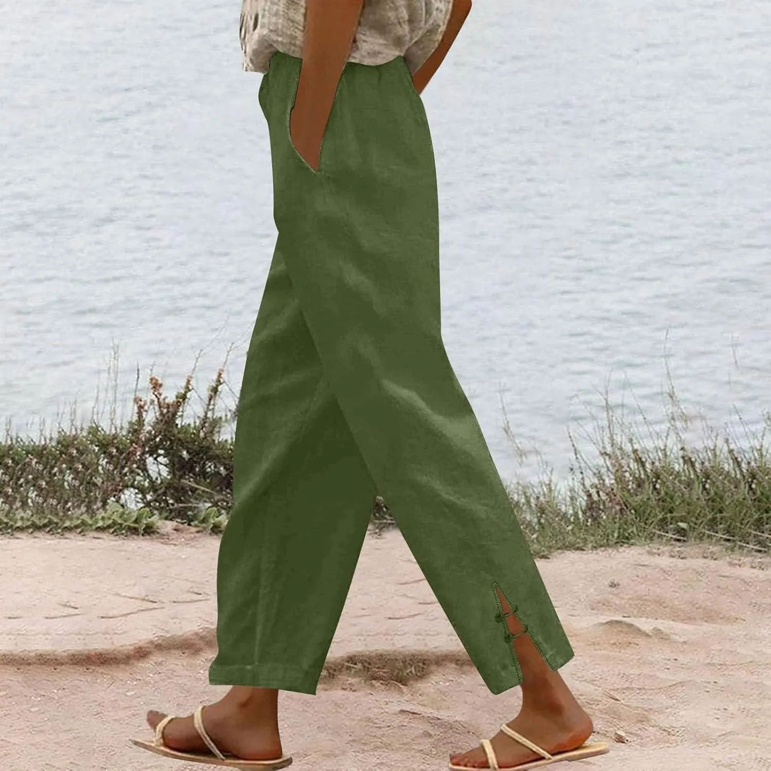 GOFULY Linen Pants for Women Summer 2025 Beach Elastic Waist Pants Wide Leg High Waisted with Pockets Loose Fit Solid Outfits