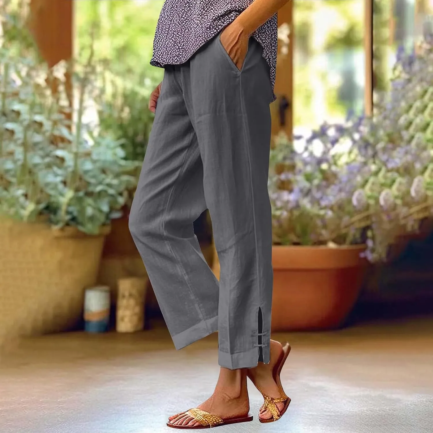 GOFULY Linen Pants for Women Summer 2025 Beach Elastic Waist Pants Wide Leg High Waisted with Pockets Loose Fit Solid Outfits