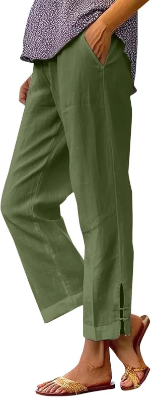 GOFULY Linen Pants for Women Summer 2025 Beach Elastic Waist Pants Wide Leg High Waisted with Pockets Loose Fit Solid Outfits