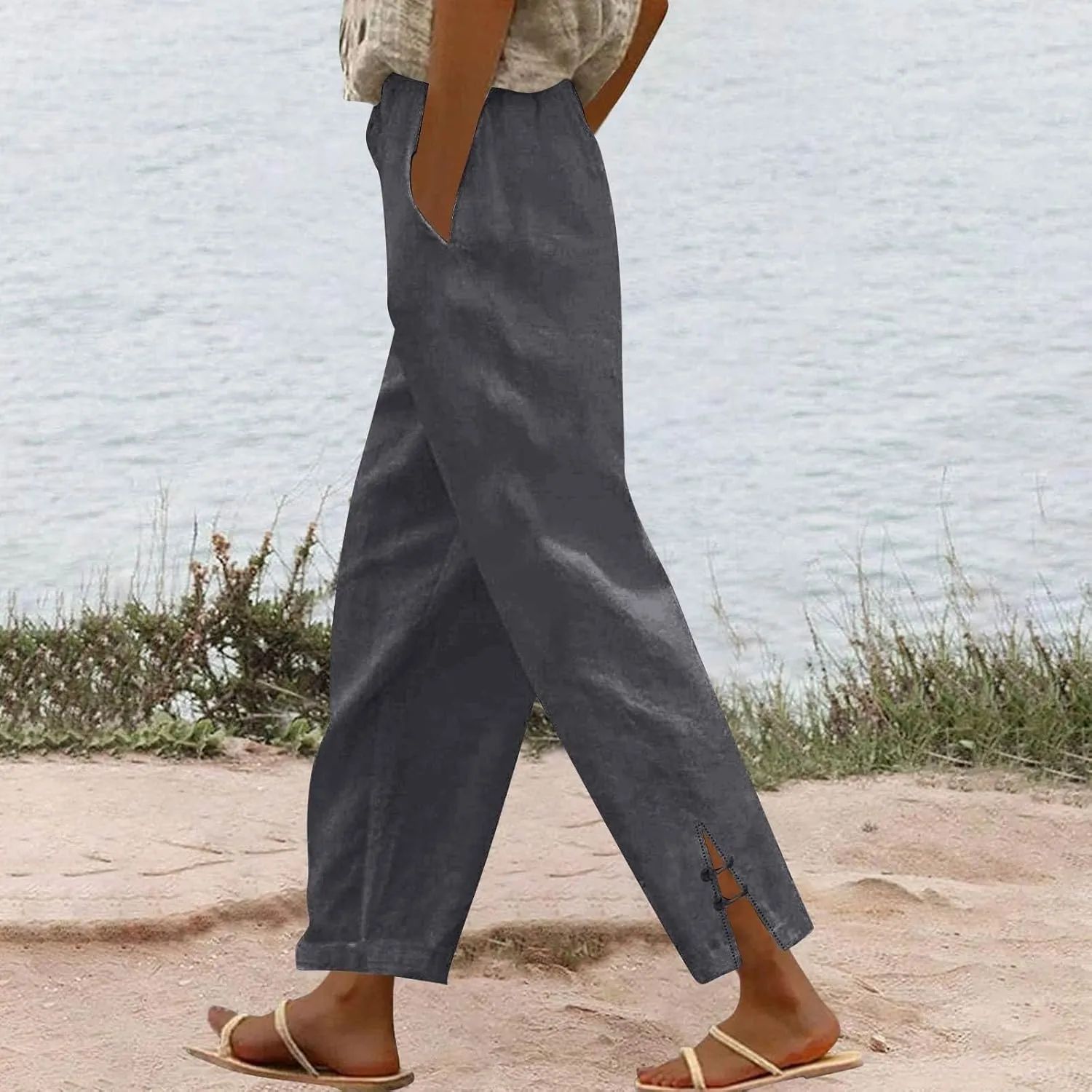 GOFULY Linen Pants for Women Summer 2025 Beach Elastic Waist Pants Wide Leg High Waisted with Pockets Loose Fit Solid Outfits