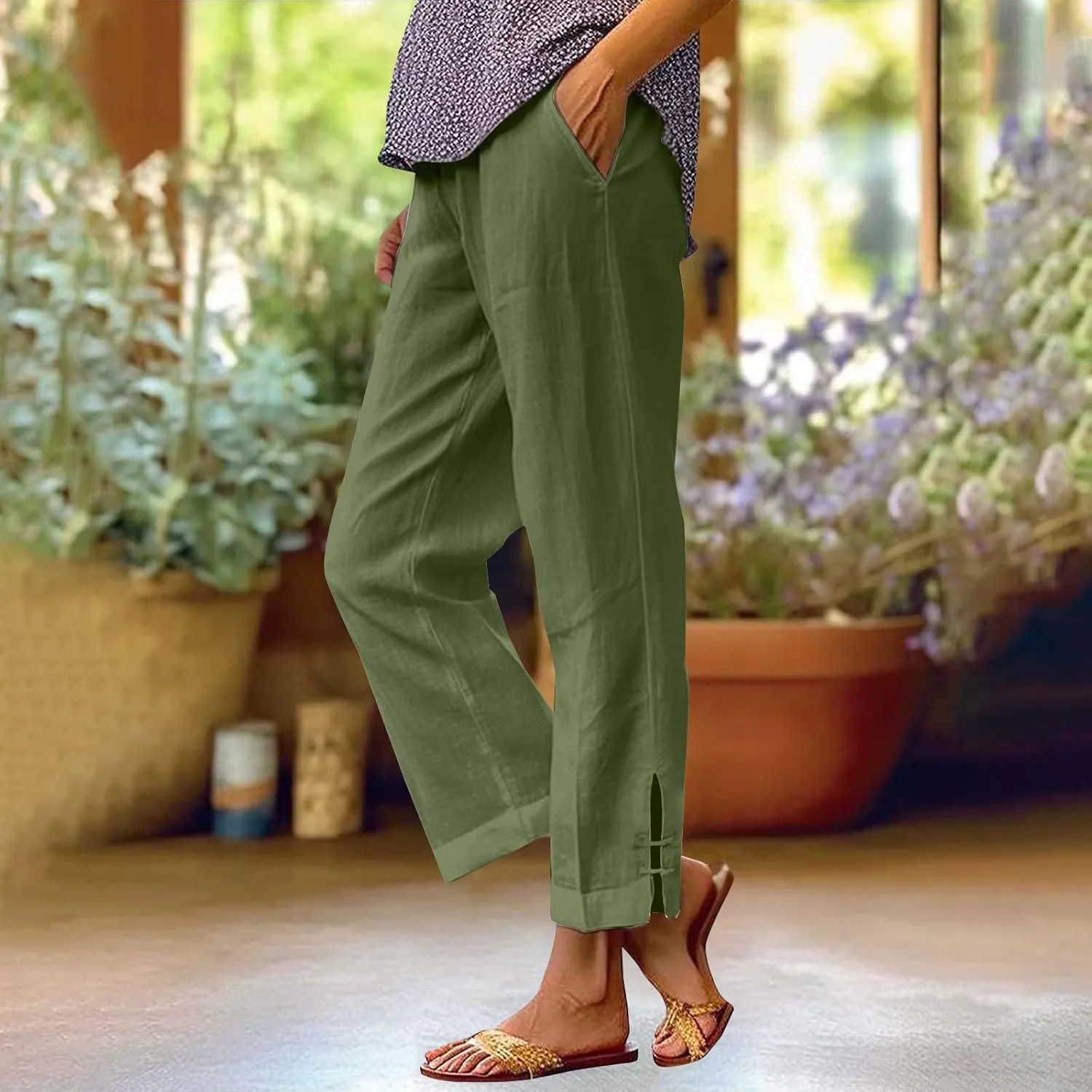 GOFULY Linen Pants for Women Summer 2025 Beach Elastic Waist Pants Wide Leg High Waisted with Pockets Loose Fit Solid Outfits