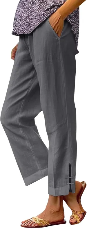 GOFULY Linen Pants for Women Summer 2025 Beach Elastic Waist Pants Wide Leg High Waisted with Pockets Loose Fit Solid Outfits