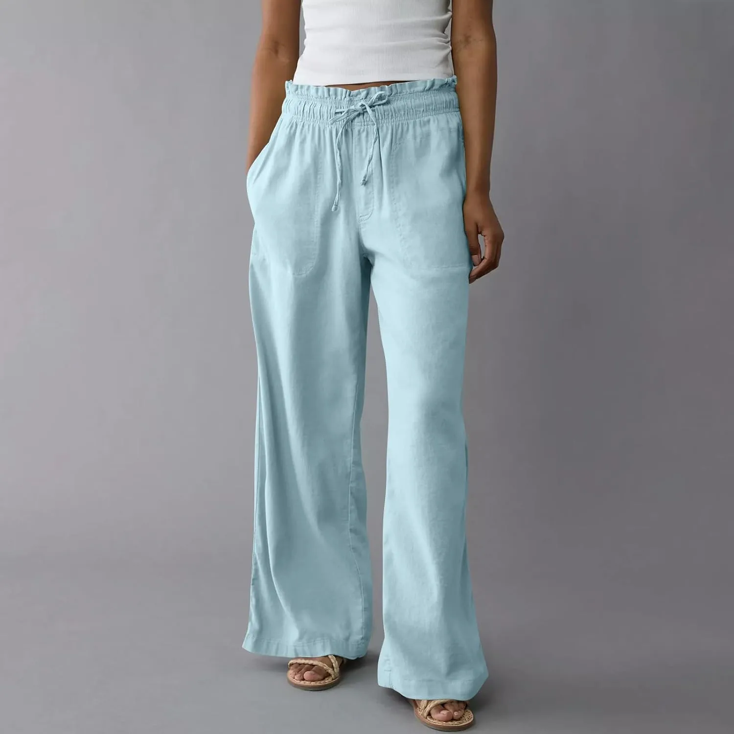 GOFULY Linen Pants for Women Wide Leg Trendy High Waisted Pants with Pockets Elastic Waist Drawstring Summer Solid Clothes