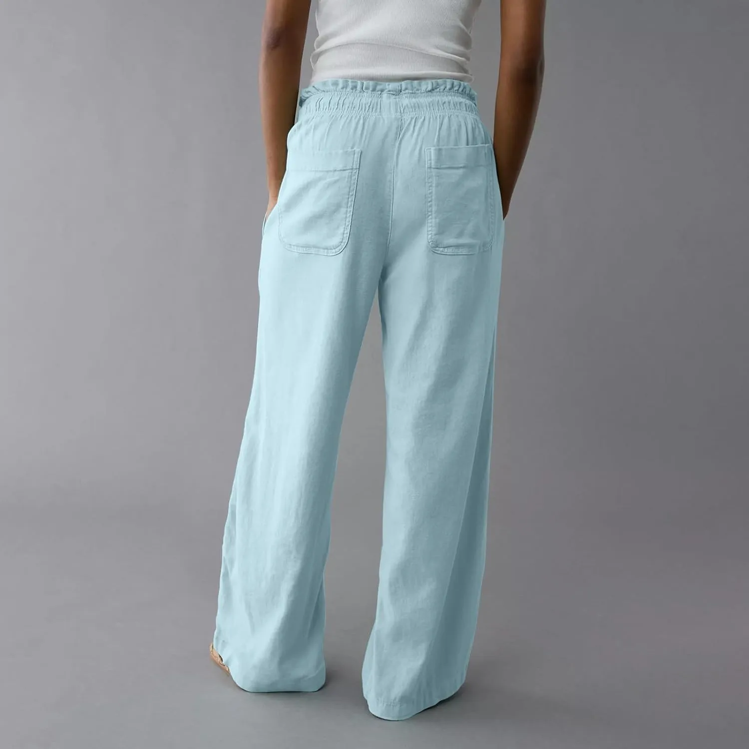 GOFULY Linen Pants for Women Wide Leg Trendy High Waisted Pants with Pockets Elastic Waist Drawstring Summer Solid Clothes