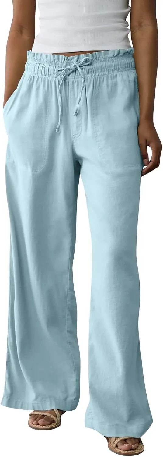 GOFULY Linen Pants for Women Wide Leg Trendy High Waisted Pants with Pockets Elastic Waist Drawstring Summer Solid Clothes