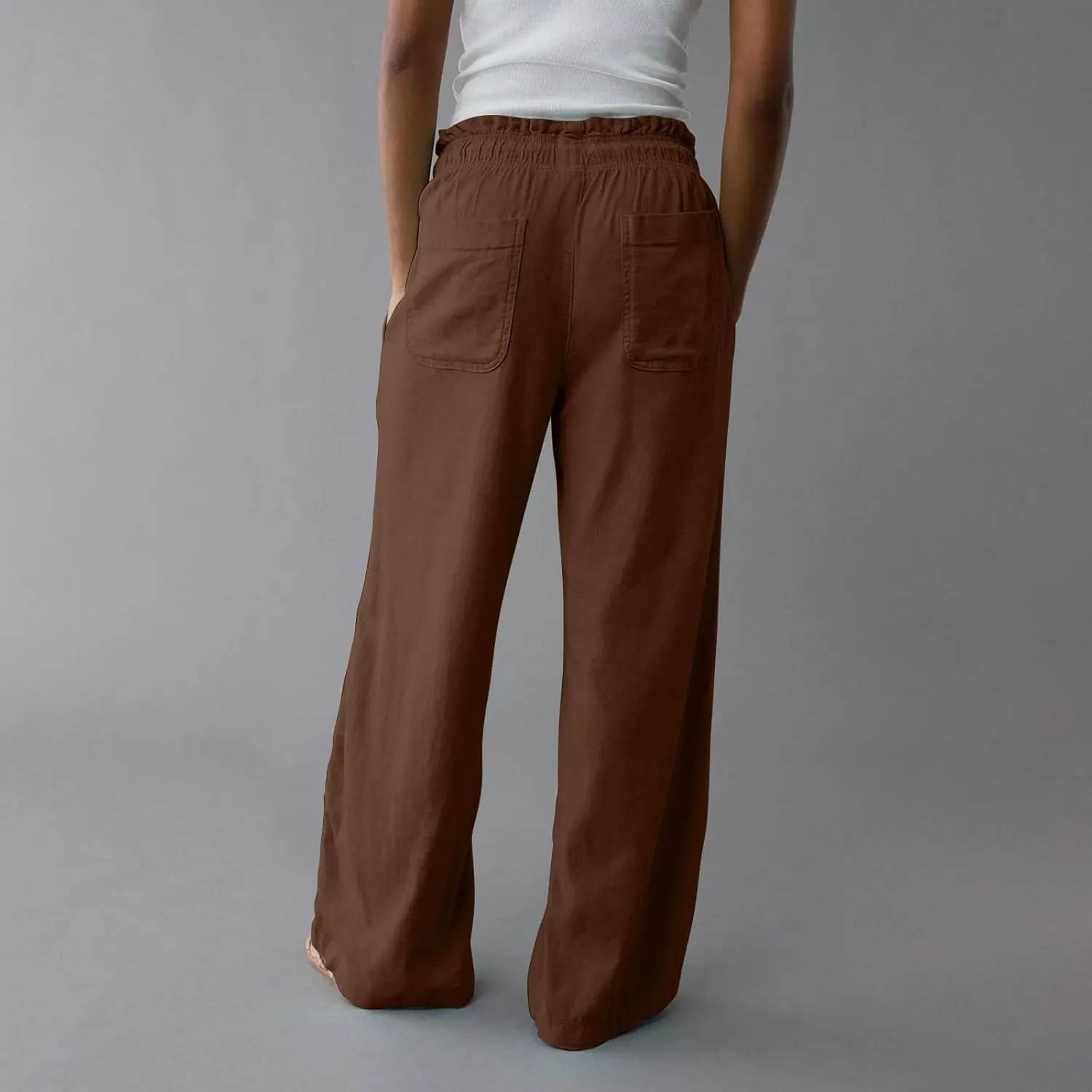 GOFULY Linen Pants for Women Wide Leg Trendy High Waisted Pants with Pockets Elastic Waist Drawstring Summer Solid Clothes