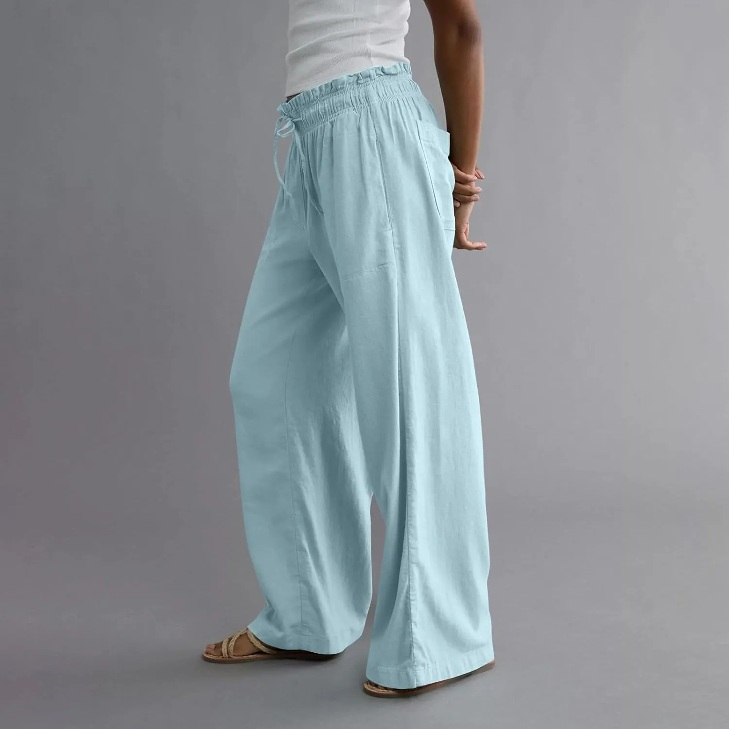 GOFULY Linen Pants for Women Wide Leg Trendy High Waisted Pants with Pockets Elastic Waist Drawstring Summer Solid Clothes