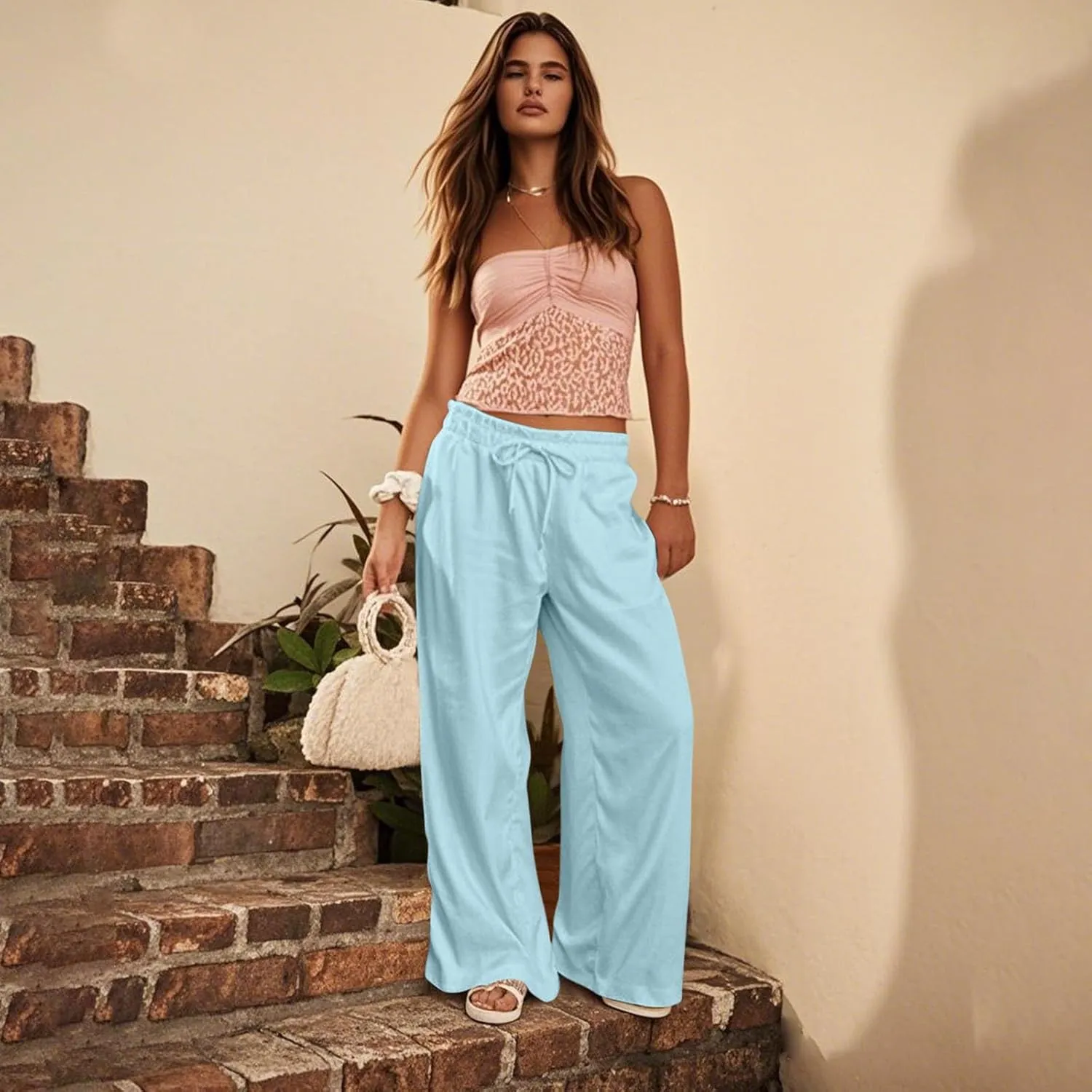 GOFULY Linen Pants for Women Wide Leg Trendy High Waisted Pants with Pockets Elastic Waist Drawstring Summer Solid Clothes