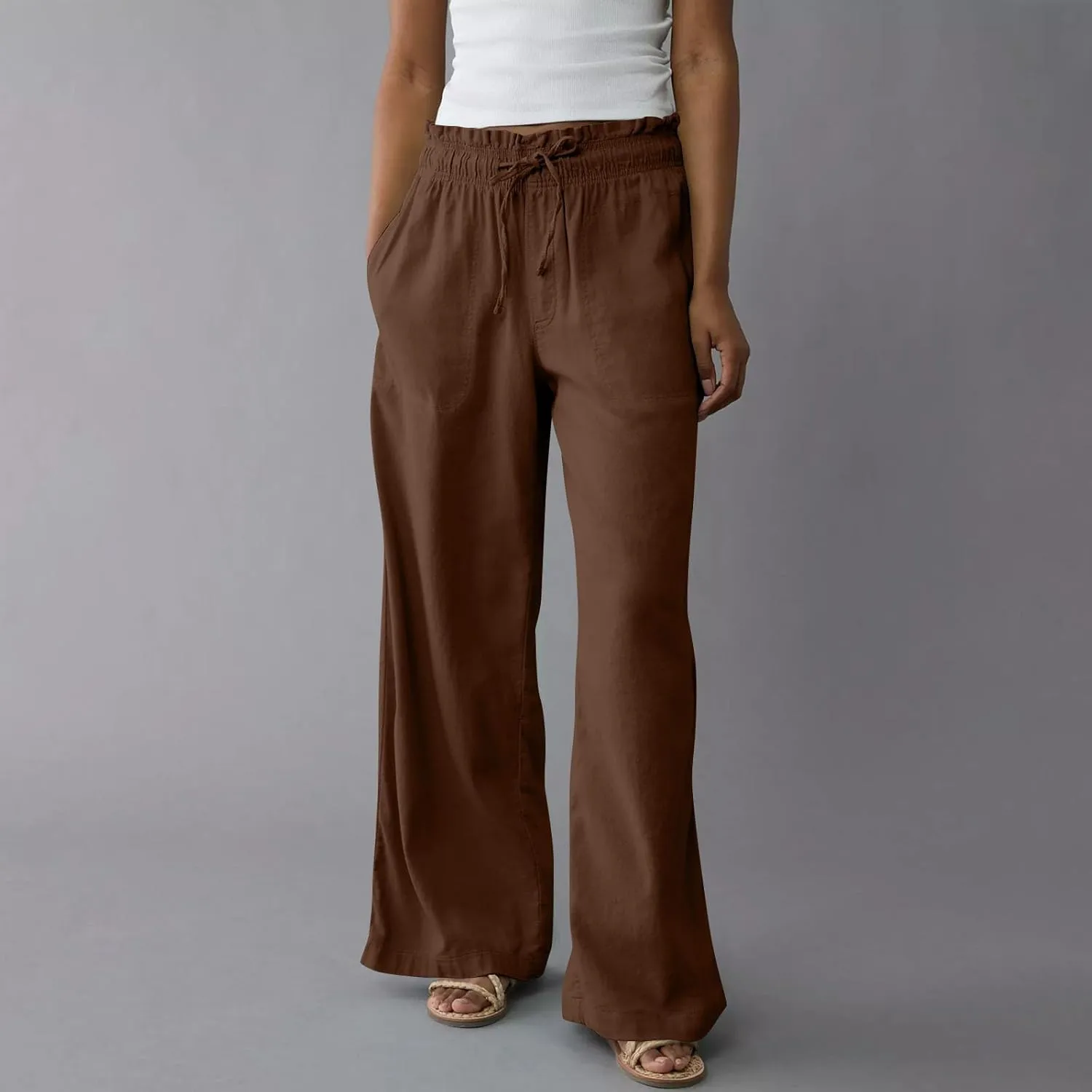 GOFULY Linen Pants for Women Wide Leg Trendy High Waisted Pants with Pockets Elastic Waist Drawstring Summer Solid Clothes