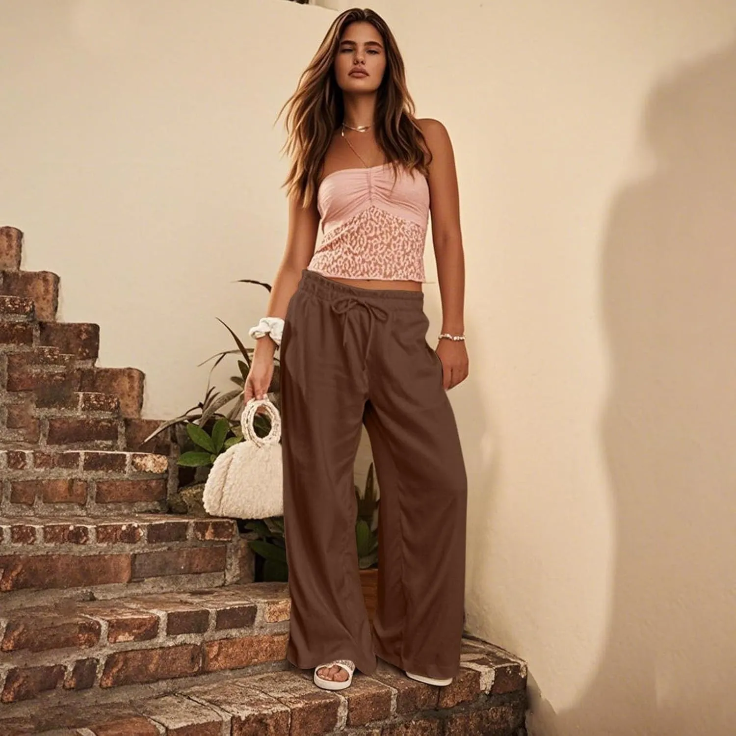 GOFULY Linen Pants for Women Wide Leg Trendy High Waisted Pants with Pockets Elastic Waist Drawstring Summer Solid Clothes