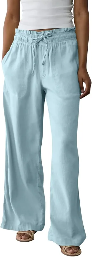 GOFULY Linen Pants for Women Wide Leg Trendy High Waisted Pants with Pockets Elastic Waist Drawstring Summer Solid Clothes