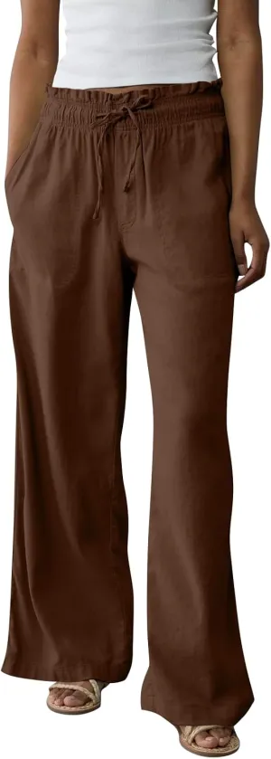 GOFULY Linen Pants for Women Wide Leg Trendy High Waisted Pants with Pockets Elastic Waist Drawstring Summer Solid Clothes