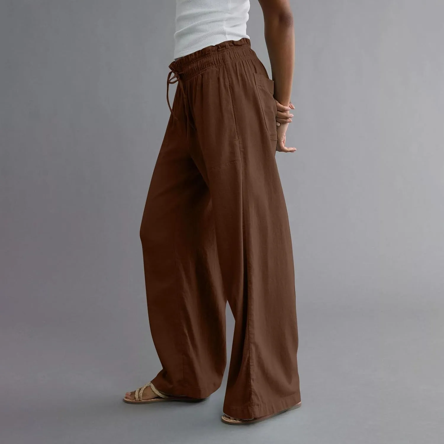 GOFULY Linen Pants for Women Wide Leg Trendy High Waisted Pants with Pockets Elastic Waist Drawstring Summer Solid Clothes