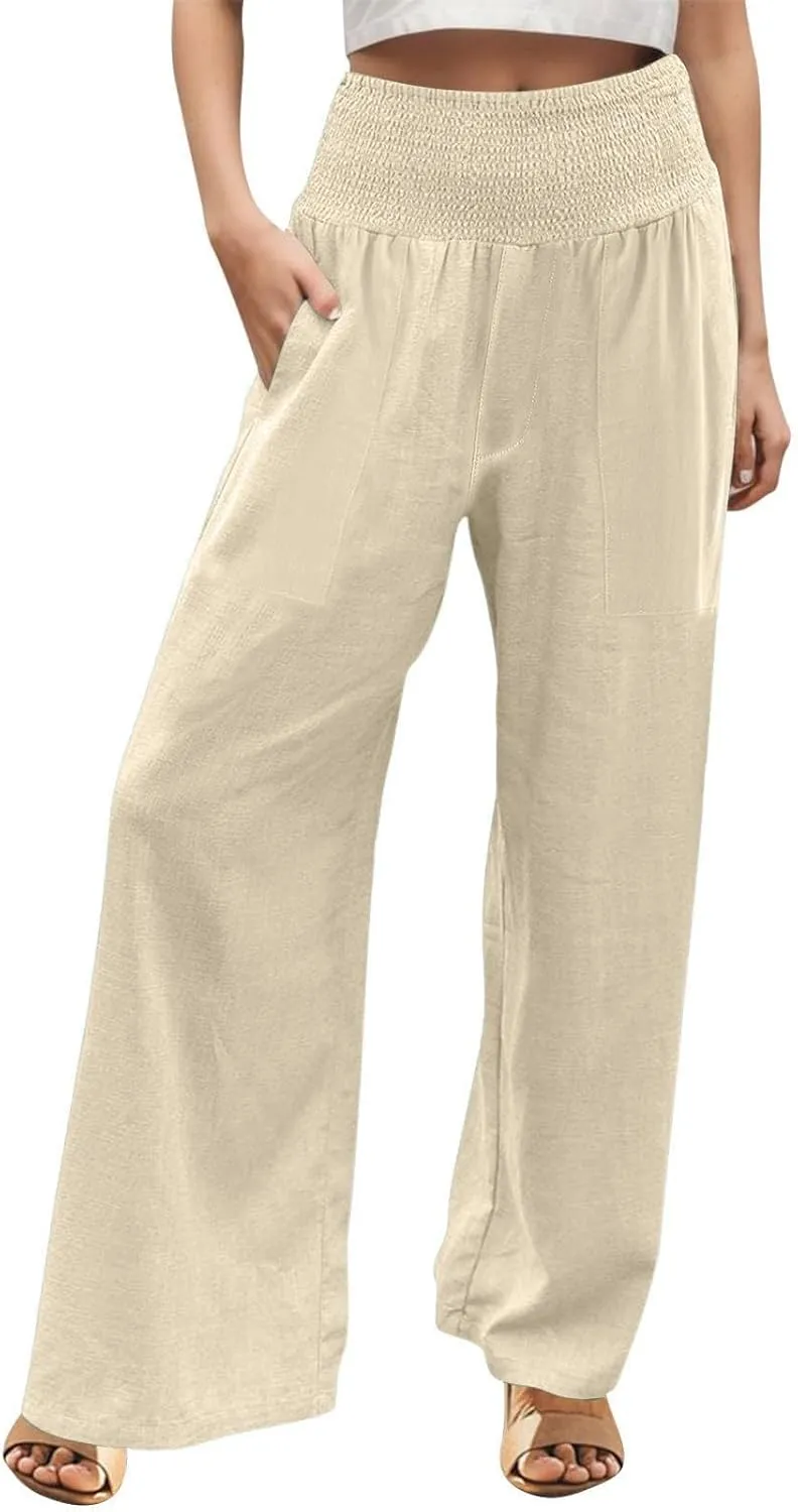 GOFULY Summer Linen Pants Women Wide Leg Cute High Rise Palazzo Pants Elastic Waist 2025 Beach Comfy Solid Clothes Pocket