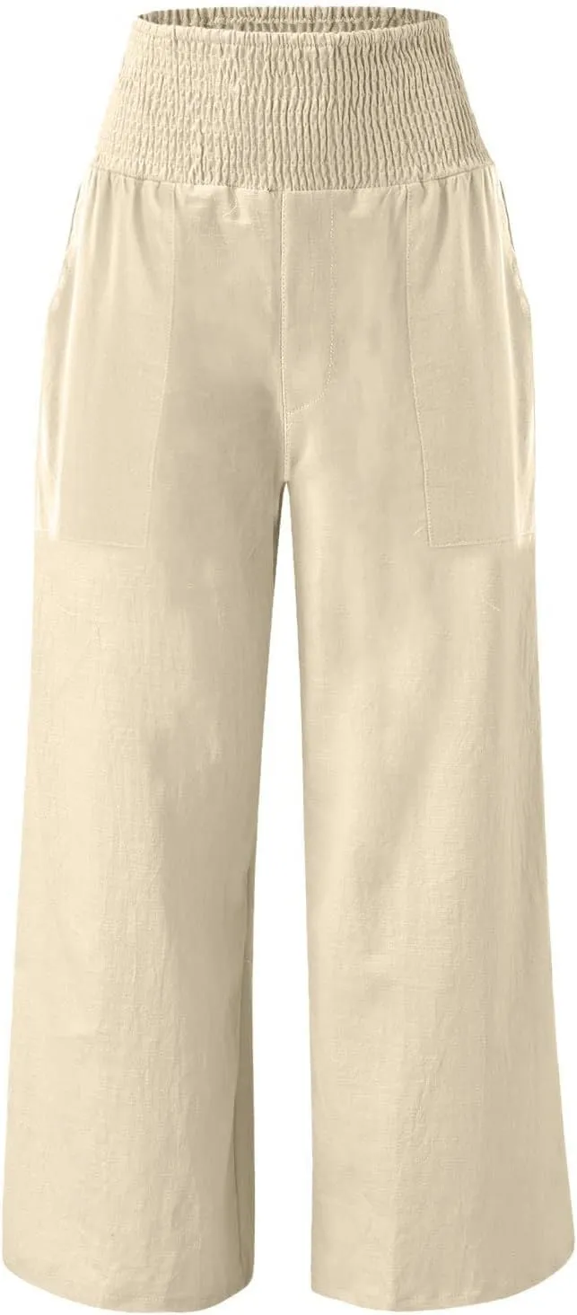 GOFULY Summer Linen Pants Women Wide Leg Cute High Rise Palazzo Pants Elastic Waist 2025 Beach Comfy Solid Clothes Pocket