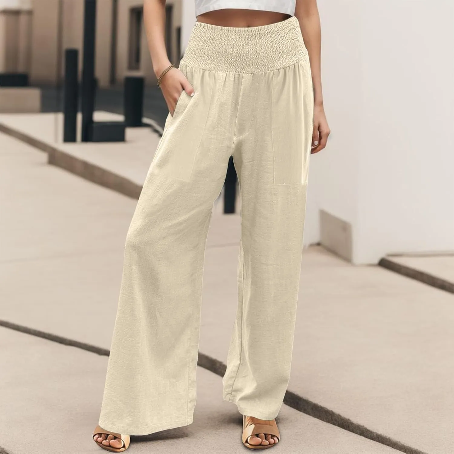 GOFULY Summer Linen Pants Women Wide Leg Cute High Rise Palazzo Pants Elastic Waist 2025 Beach Comfy Solid Clothes Pocket
