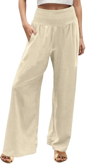 GOFULY Summer Linen Pants Women Wide Leg Cute High Rise Palazzo Pants Elastic Waist 2025 Beach Comfy Solid Clothes Pocket