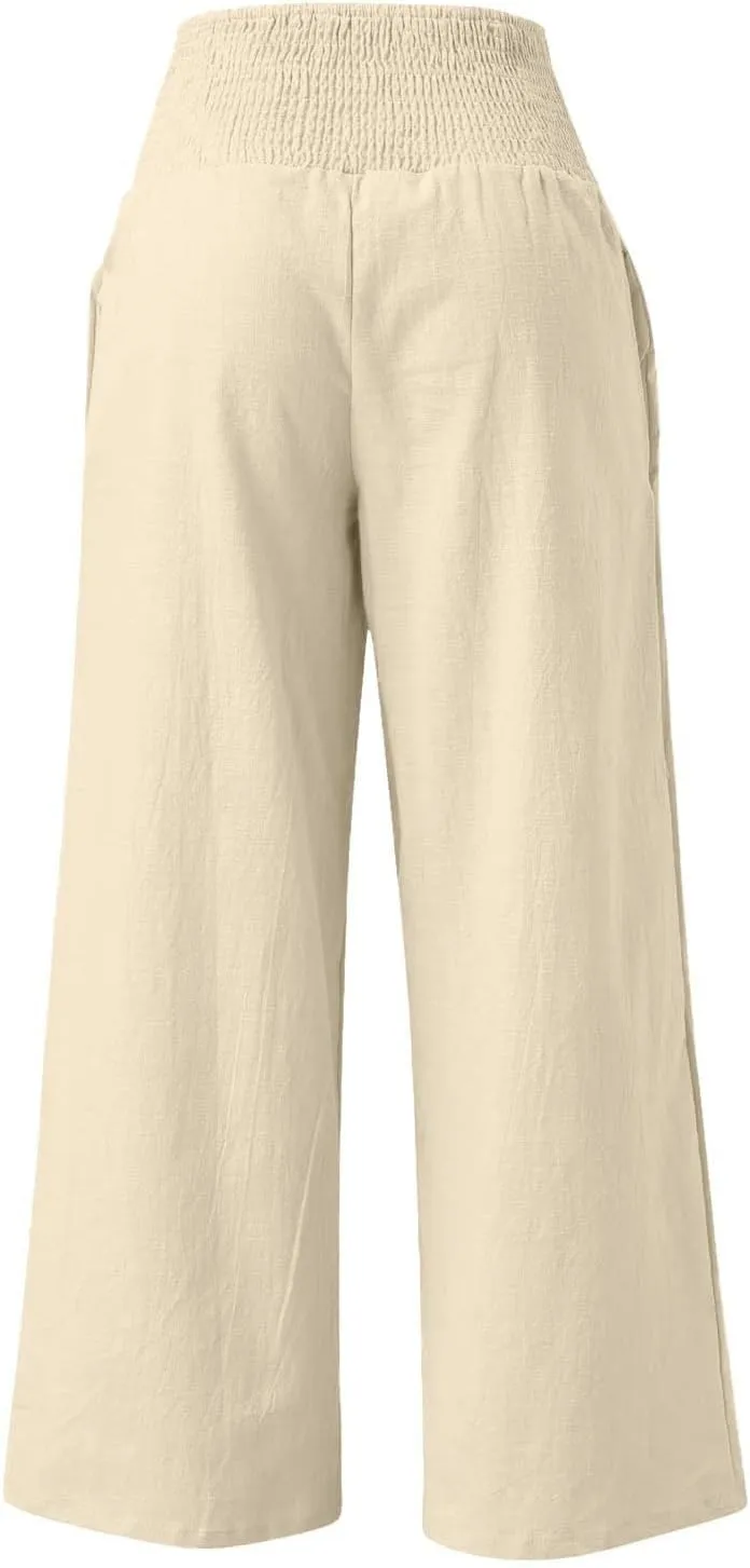 GOFULY Summer Linen Pants Women Wide Leg Cute High Rise Palazzo Pants Elastic Waist 2025 Beach Comfy Solid Clothes Pocket