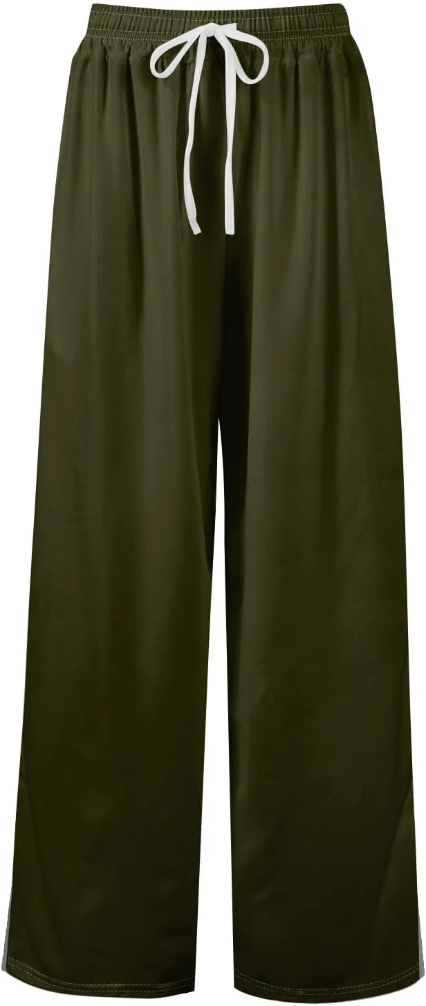 GOFULY Wide Leg Flowy Pants for Women Summer 2025 Beach Palazzo Pants High Elastic Waist Drawstring Side Slit Pockets Trouser
