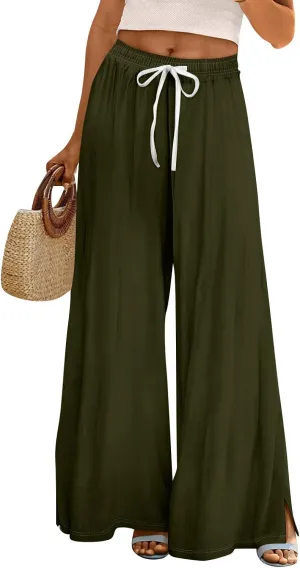 GOFULY Wide Leg Flowy Pants for Women Summer 2025 Beach Palazzo Pants High Elastic Waist Drawstring Side Slit Pockets Trouser