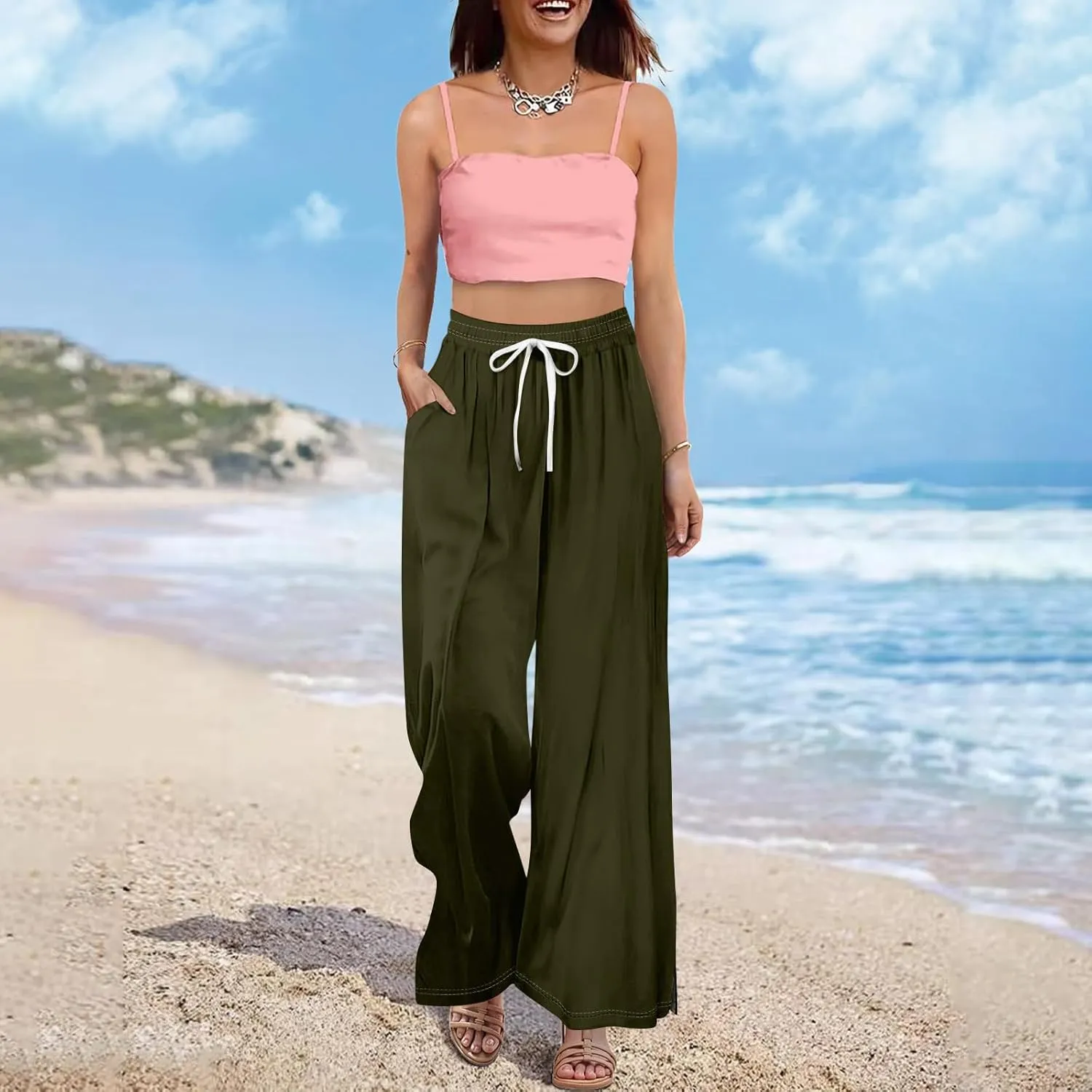 GOFULY Wide Leg Flowy Pants for Women Summer 2025 Beach Palazzo Pants High Elastic Waist Drawstring Side Slit Pockets Trouser