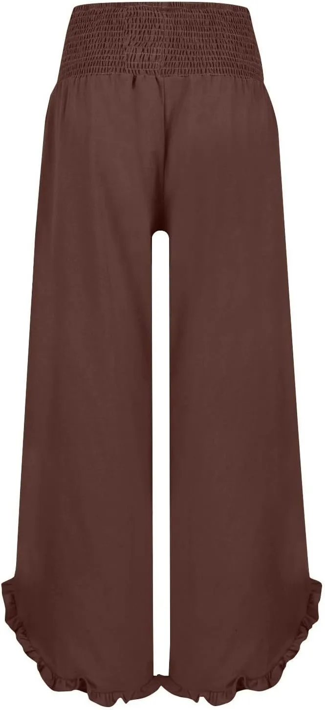 GOFULY Wide Leg Linen Pants Women Beach Flowy Summer Elastic Waist Palazzo Pants High Waisted Pockets Cropped Solid Trousers