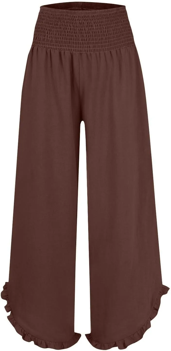 GOFULY Wide Leg Linen Pants Women Beach Flowy Summer Elastic Waist Palazzo Pants High Waisted Pockets Cropped Solid Trousers