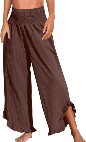 GOFULY Wide Leg Linen Pants Women Beach Flowy Summer Elastic Waist Palazzo Pants High Waisted Pockets Cropped Solid Trousers
