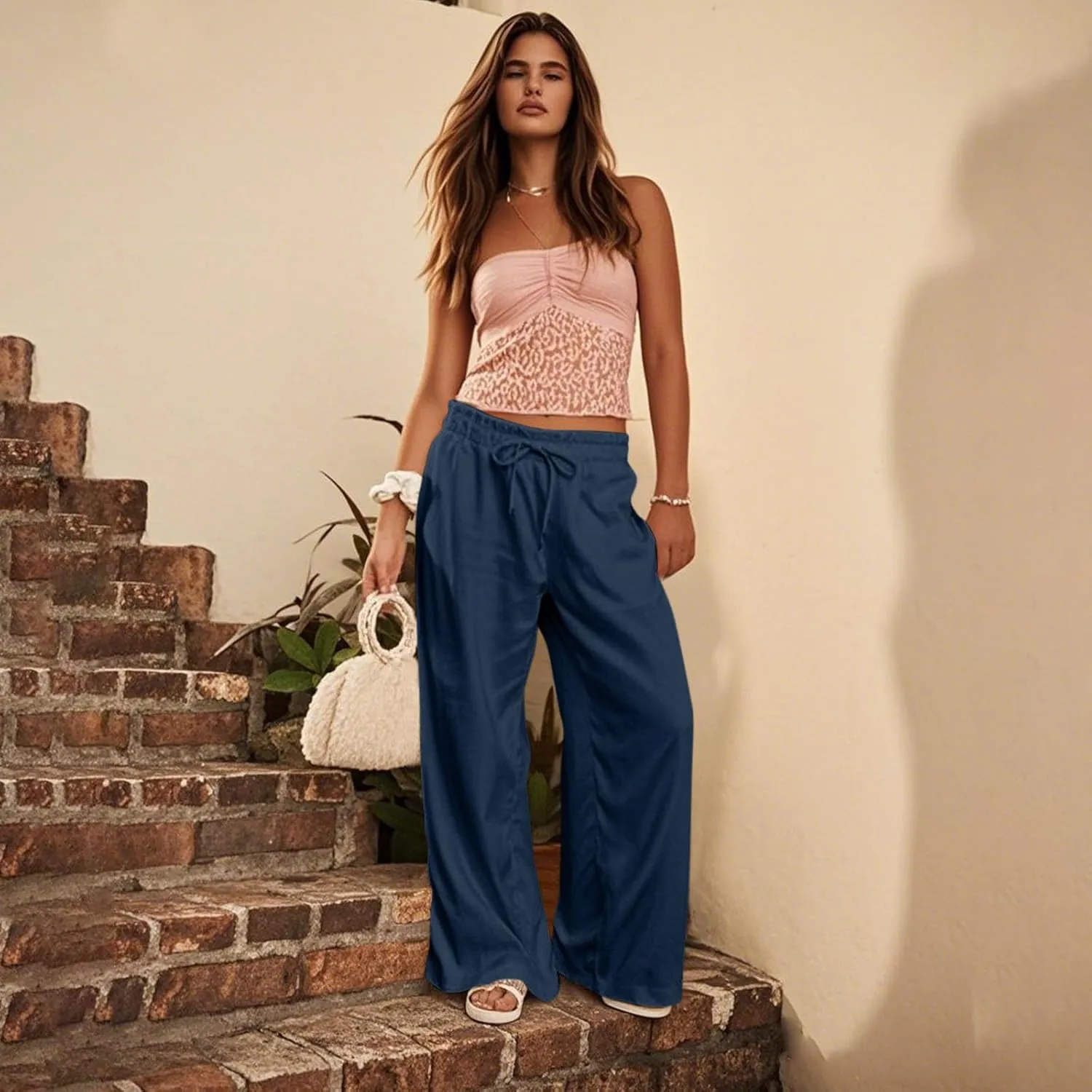GOFULY Wide Leg Pants for Women Cotton Lined Beach 2025 Elastic Waist Drawstring Summer Pants High Waisted Solid Clothes