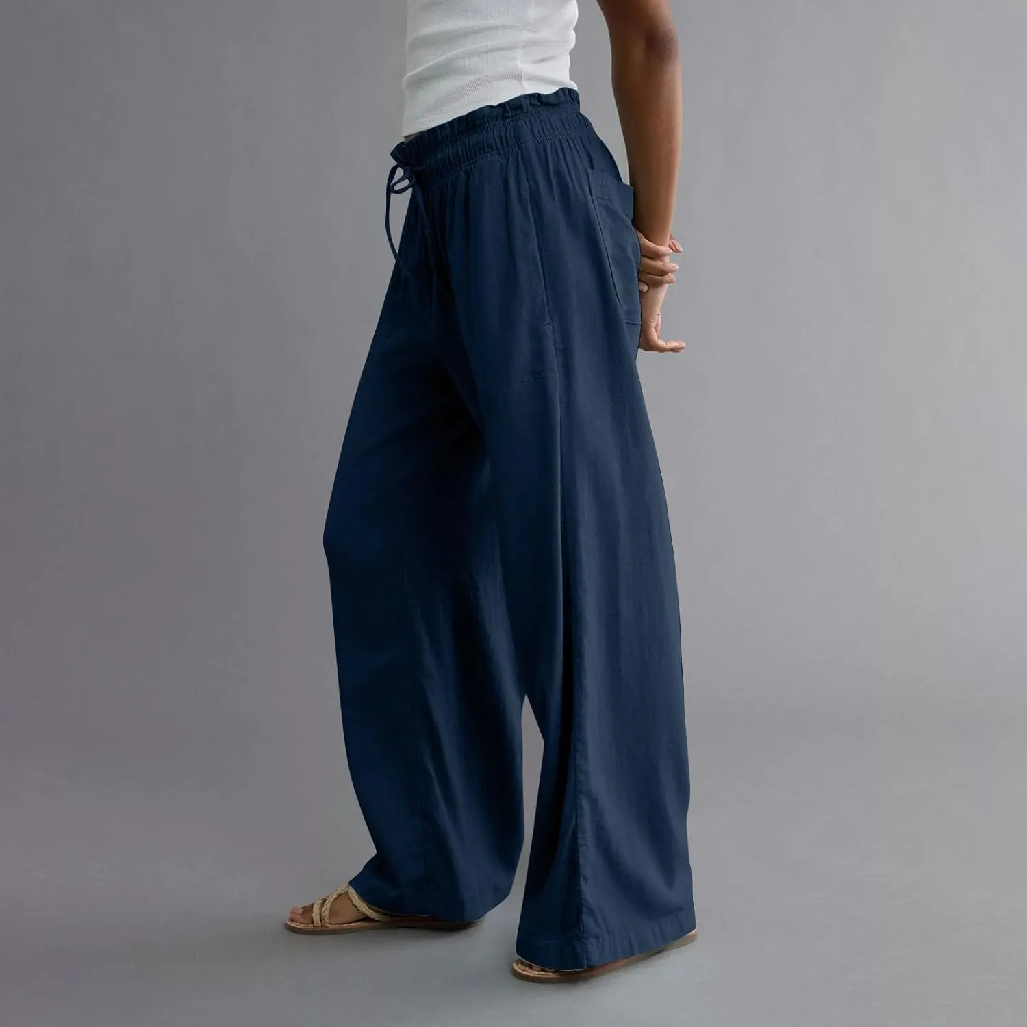 GOFULY Wide Leg Pants for Women Cotton Lined Beach 2025 Elastic Waist Drawstring Summer Pants High Waisted Solid Clothes
