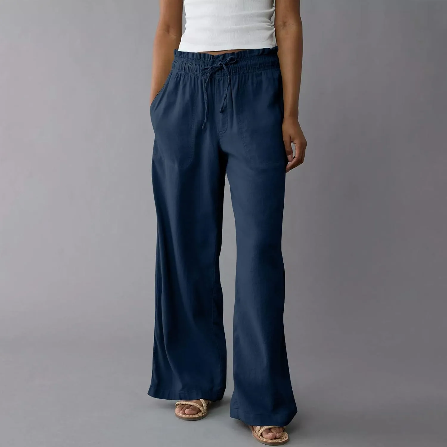GOFULY Wide Leg Pants for Women Cotton Lined Beach 2025 Elastic Waist Drawstring Summer Pants High Waisted Solid Clothes