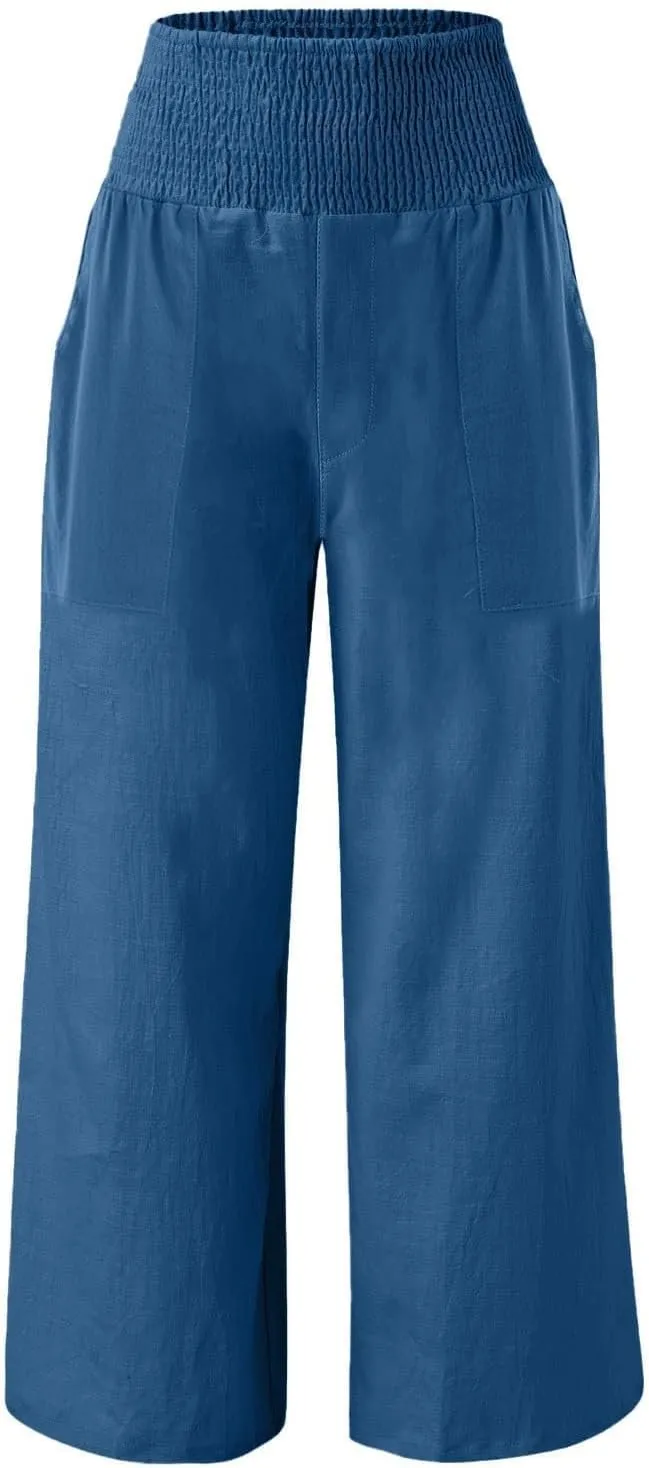 GOFULY Wide Leg Pants for Women Cotton Linen 2025 Summer Elastic Waist Palazzo Pants High Waisted Pocket Baggy Solid Clothes