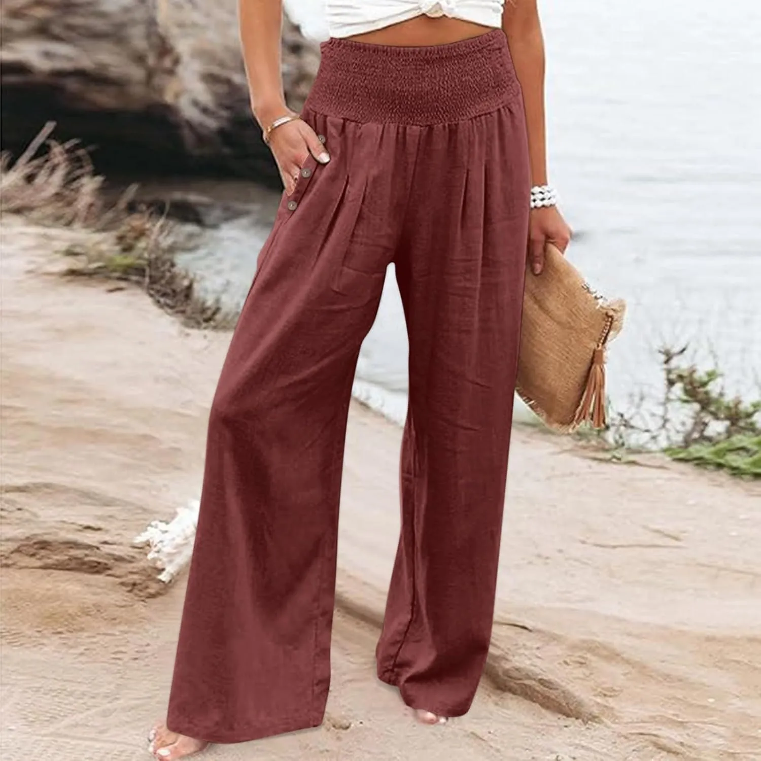 GOFULY Wide Leg Pants for Women Cotton Linen 2025 Summer Elastic Waist Palazzo Pants High Waisted Pocket Baggy Solid Clothes