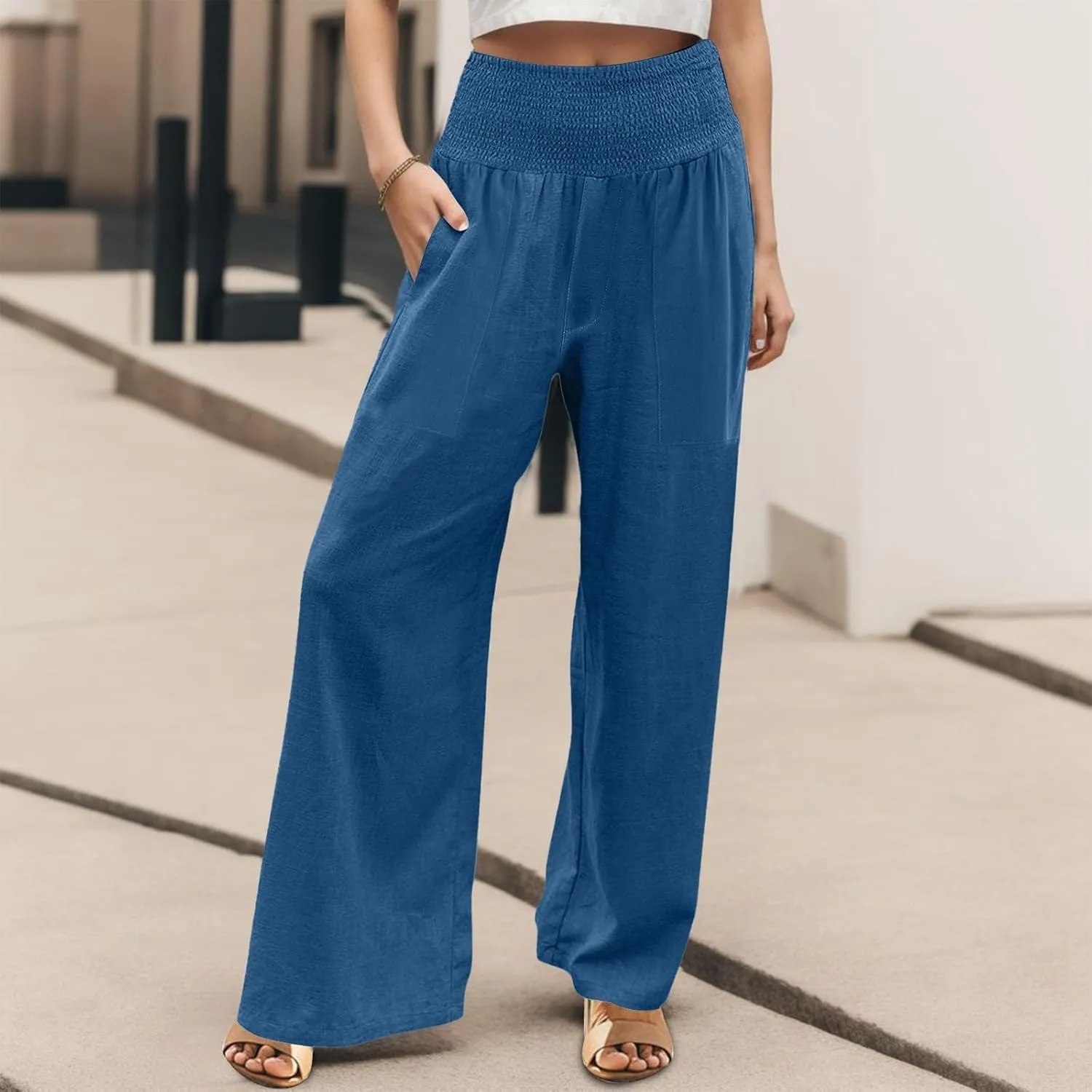 GOFULY Wide Leg Pants for Women Cotton Linen 2025 Summer Elastic Waist Palazzo Pants High Waisted Pocket Baggy Solid Clothes